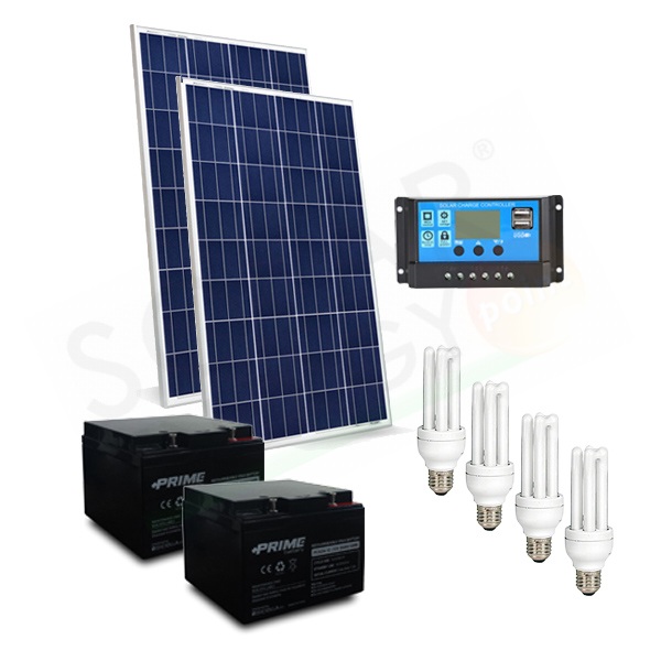 KIT SOLARE ILLUMINAZIONE 60W 24V PER INTERNI 4 LAMPADE FLUORESCENTI -  AUTONOMIA 5 ORE