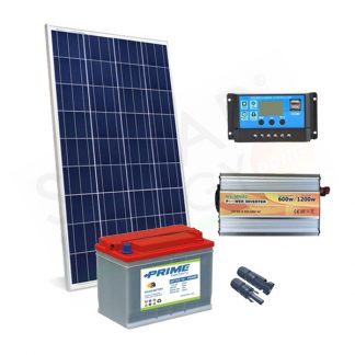 KIT SOLARE PLUS 200W 12V - MODULO 200W / REGOLATORE 20A PWM / INVERTER 600W / BATTERIA 110AH