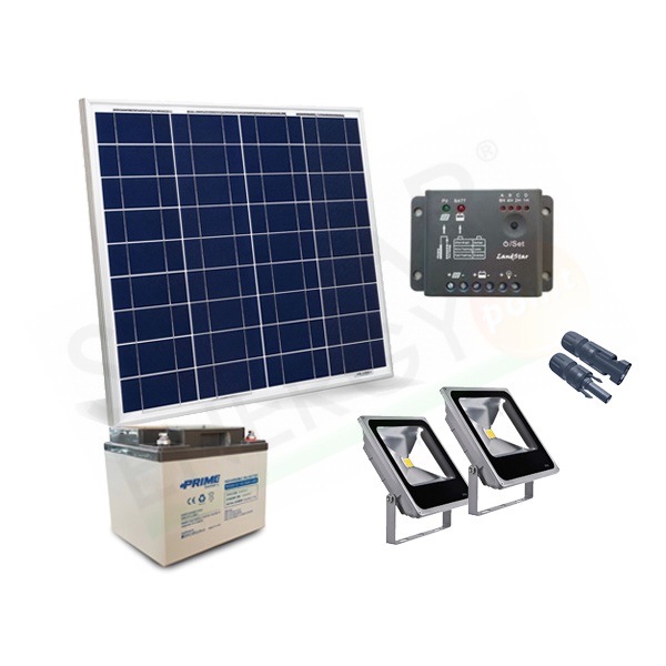 KIT SOLARE ILLUMINAZIONE 50W 12V PER ESTERNI 2 FARETTI LED - AUTONOMIA 8 ORE