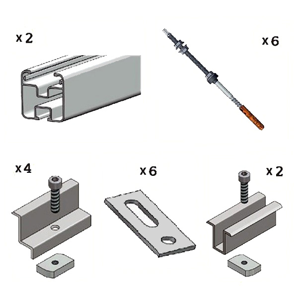 Kit fissaggio completo per 2 moduli fotovoltaici tetto a falda con vite per calcestruzzo