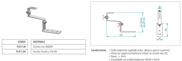 Staffa per tegola con in acciaio zincato per moduli fotovoltaici (doppia regolazione)