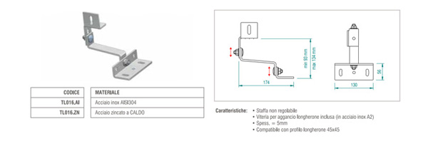 Staffa per Tegola con attacco laterale (doppia regolazione) in acciaio zincato - TL016.ZN