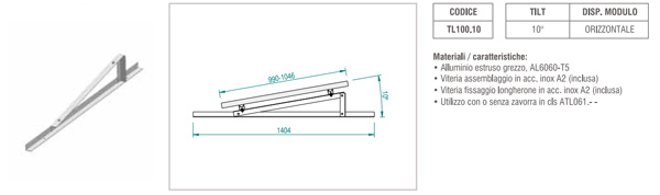 Supporto triangolare fisso a 10° per modulo fotovoltaico orizzontale per fissaggio senza zavorra