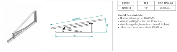 Supporto triangolare fisso a 10° per modulo fotovoltaico verticale per fissaggio senza zavorra