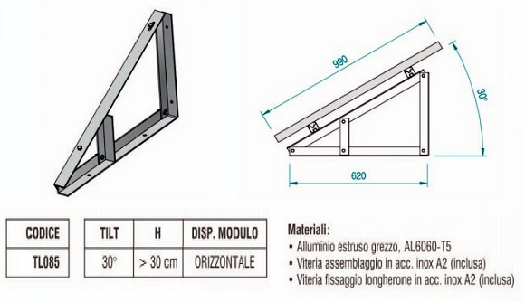 Supporto triangolare fisso a 30° orizzontale per fissaggio modulo fotovoltaico 