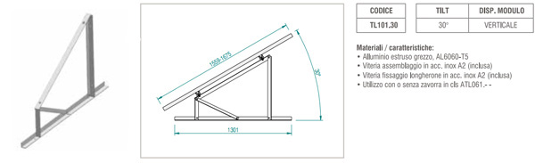 Supporto triangolare fisso a 30° per modulo fotovoltaico verticale per fissaggio con o senza zavorra