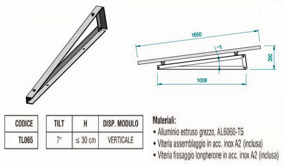 Supporto triangolare fisso a 7° per modulo fotovoltaico verticale per fissaggio senza zavorra