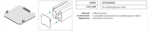 Tappo copriforo longherone 40x40 mm in alluminio grezzo