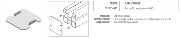 Tappo copriforo longherone 45x45 mm in alluminio grezzo