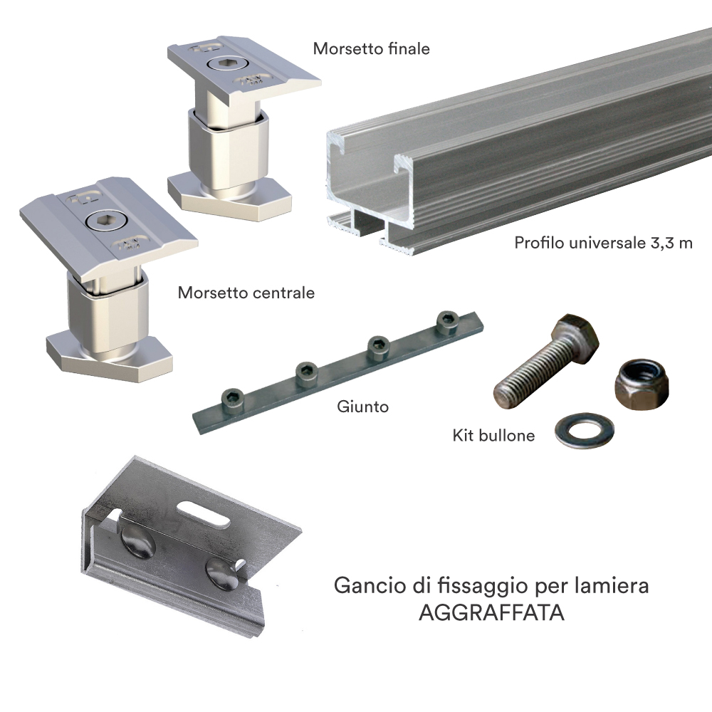 Kit struttura fissaggio 3 pannelli fotovoltaico (1x3) su lamiera AGGRAFFATA (copia)